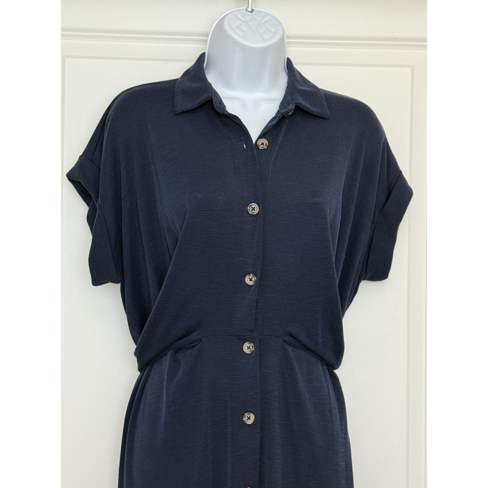 Ann Taylor LOFT Full Button Twist Tie Waist Stretch Shirt Midi Dress Navy Sz 10P - Picture 3 of 13